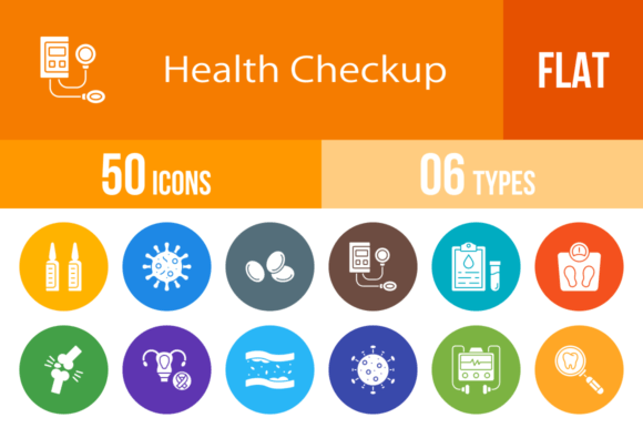 50 Health Checkup Flat Round Icons: A Designer’s Embroidery Perspective